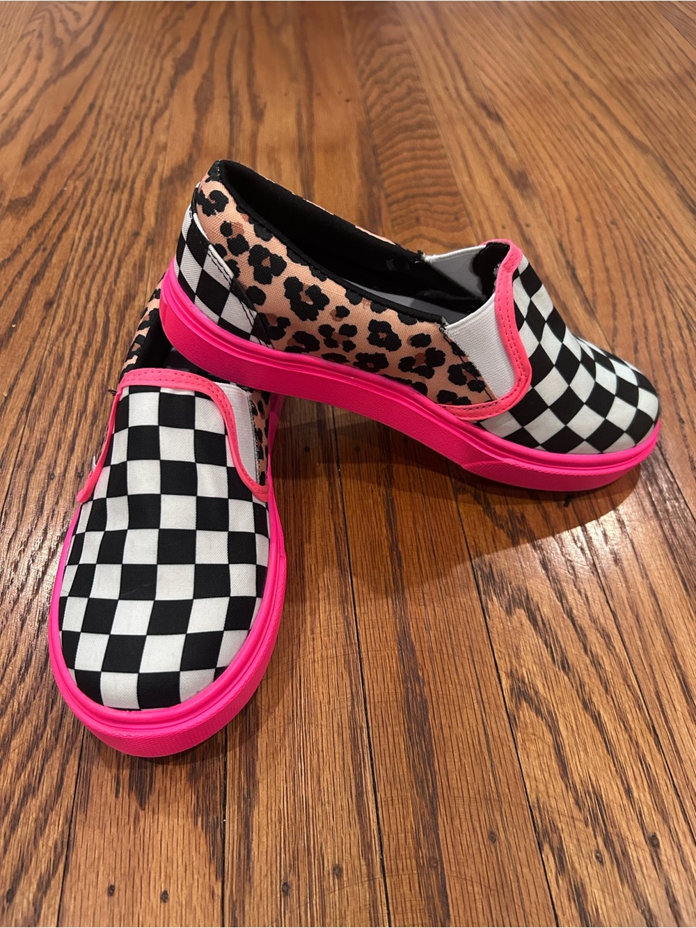 Kids Slip-On Checkerboard & Leopard Print Sneakers with Hot Pink Trim